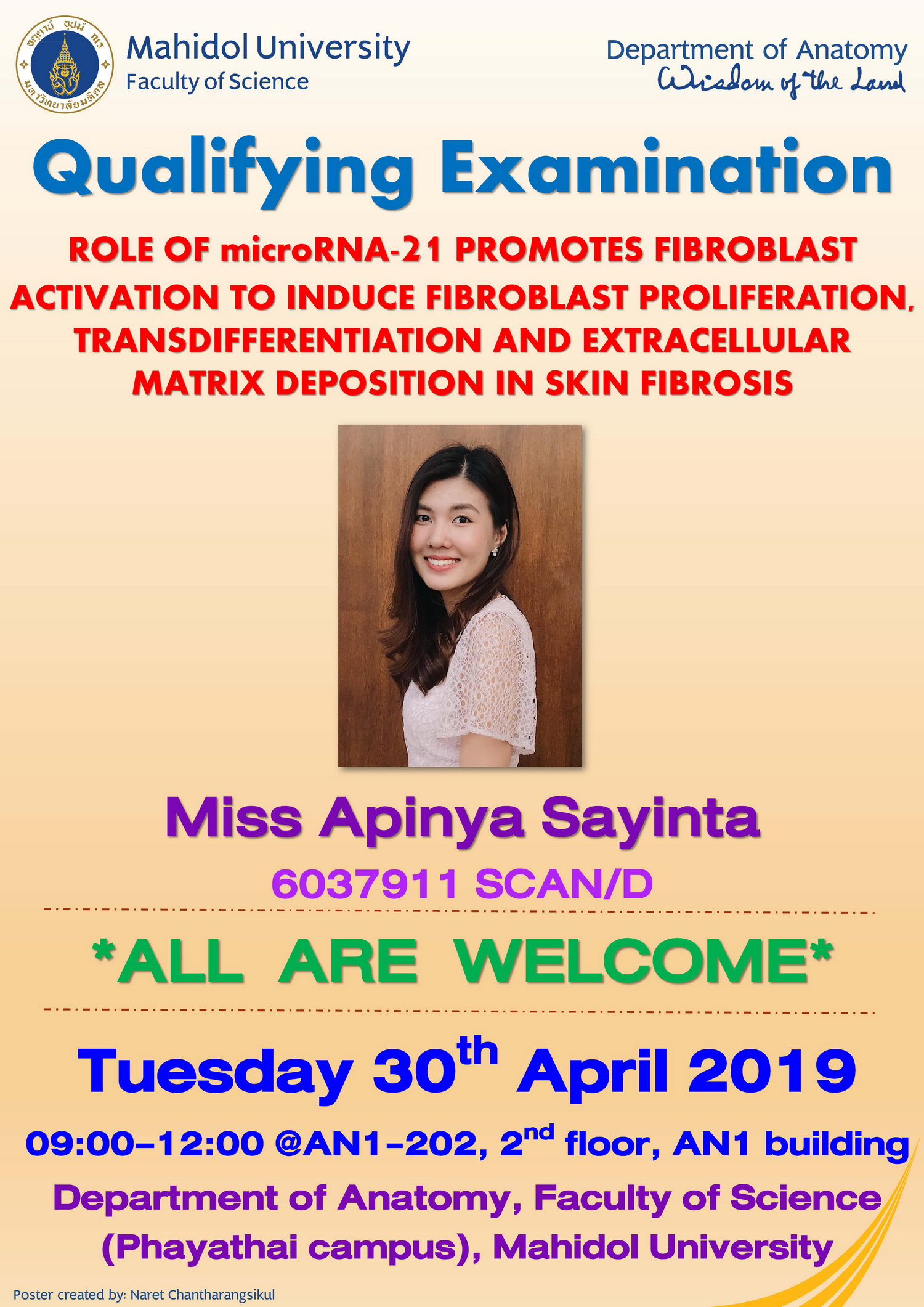 Apinya's Qualifying Examination (QE) on Tuesday 30th April 2019, 09:00-12:00, @AN1-202